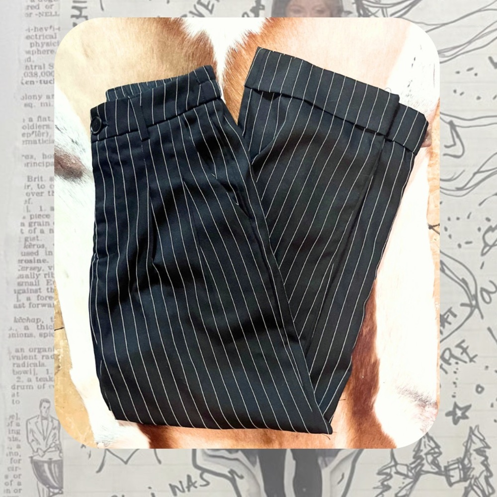 black & white pinstripe trouser pants with rolled hem